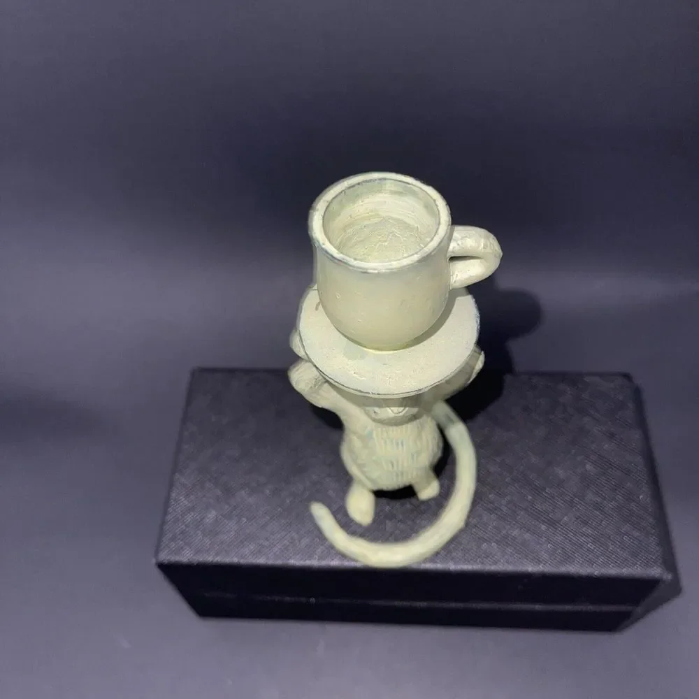 Painted Solid Brass Mouse w teacup Candle Stick Holder- 5-1/2